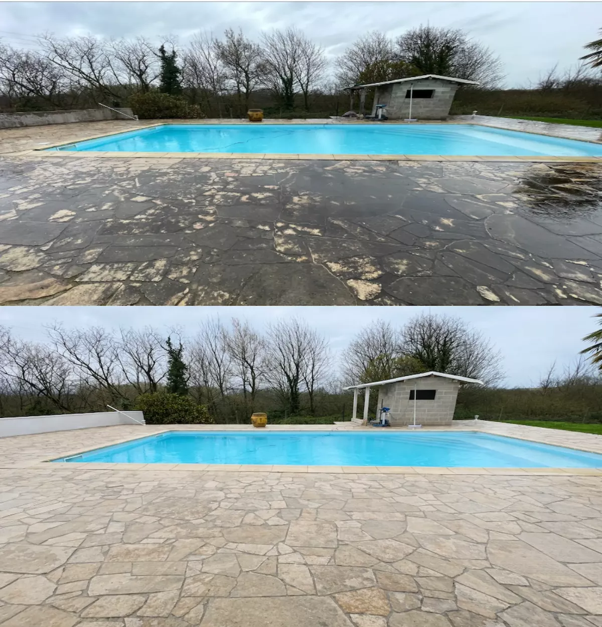 Terrasse Nettoyée et traitée - Vaugneray Nettoyage fongicide et traitement hydrofuge de cette terrasse à Vaugneray - avant et après impeccable - Lyon Ouest Rénov